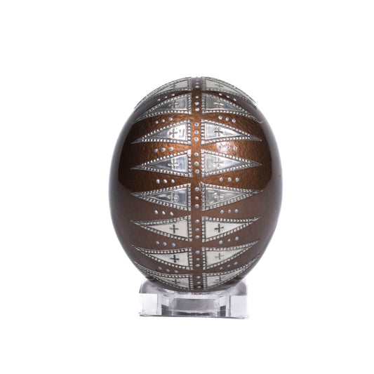 Ostrich egg adorned with decoupage and pewter