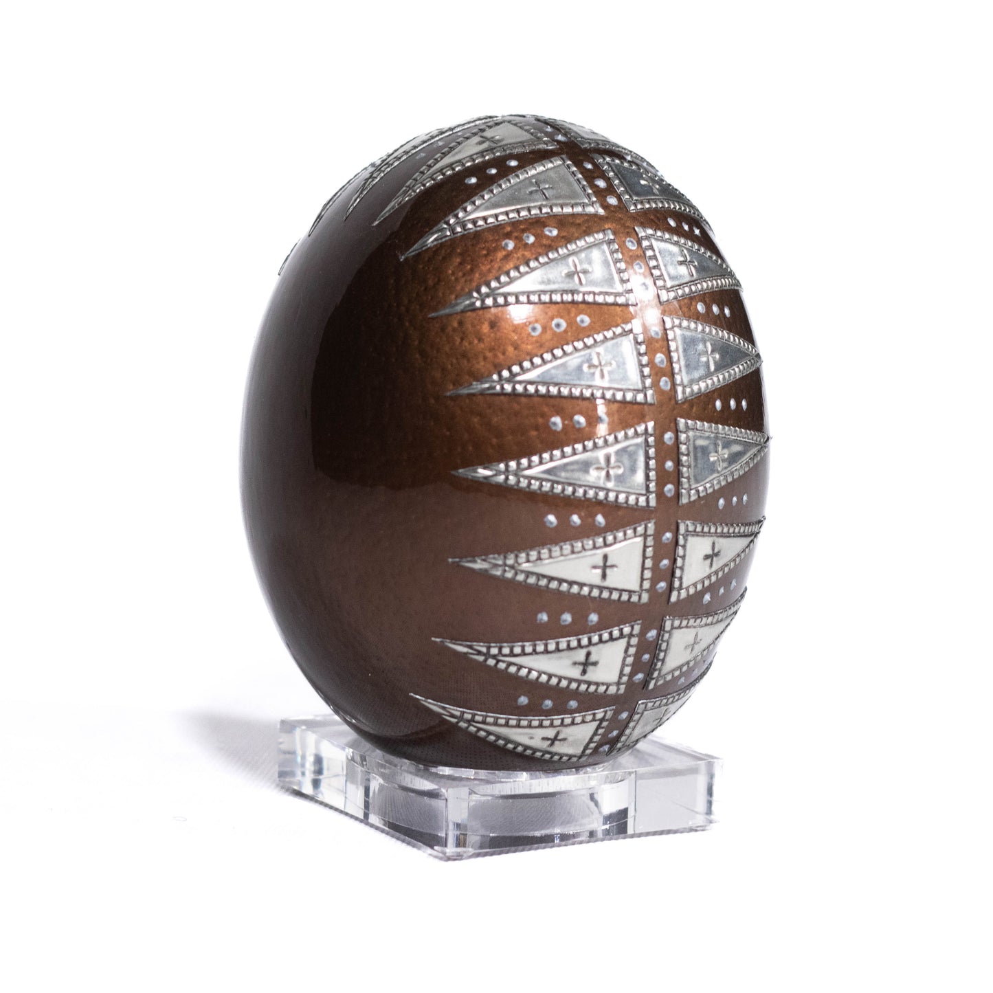 Ostrich egg adorned with decoupage and pewter
