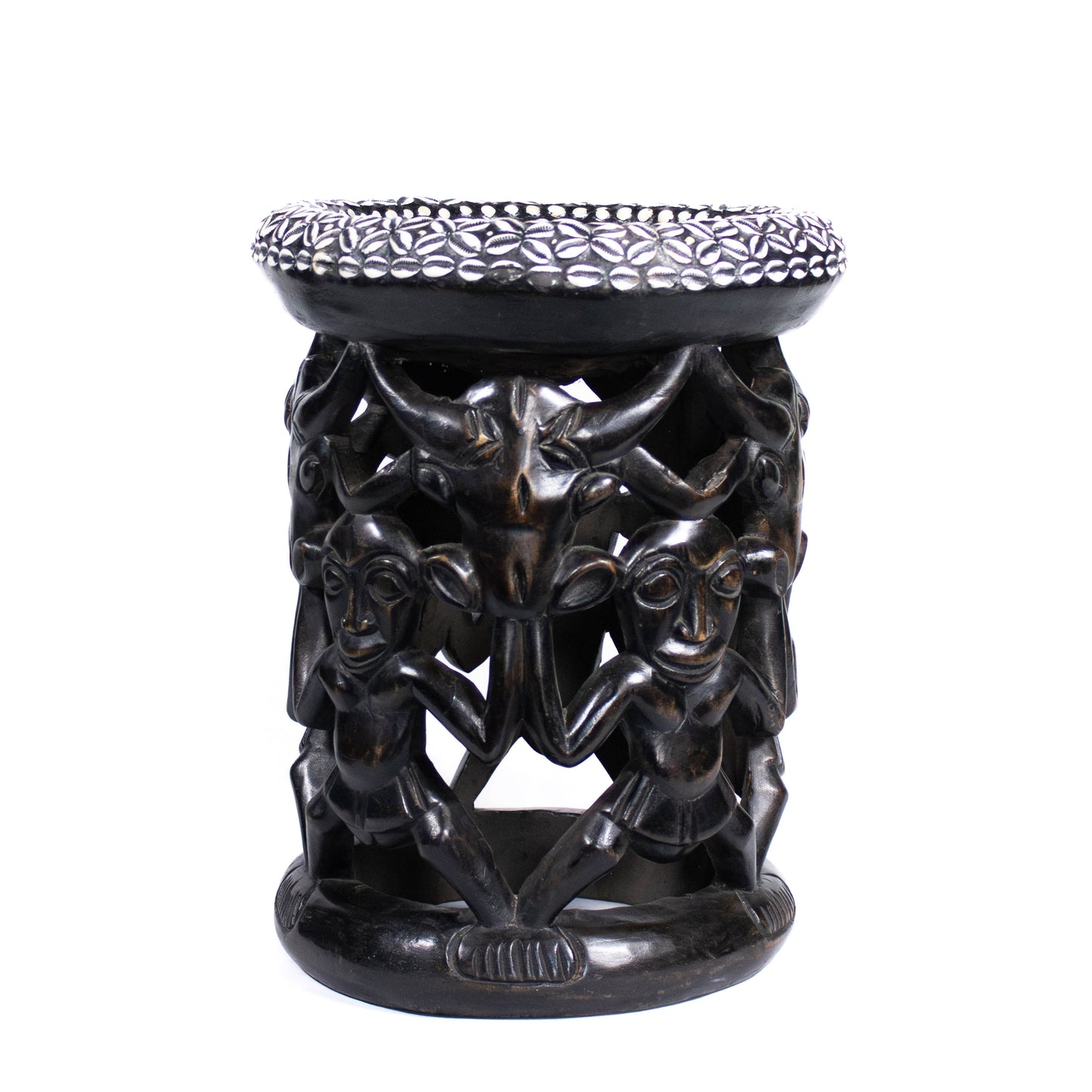 Hand carved stool with Cowrie shells from Cameroon