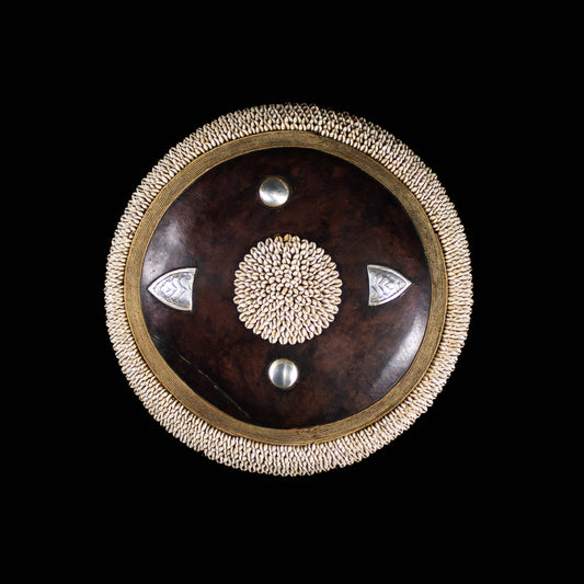 Ceremonial Leather and Wood Shield from Cameroon adorned with aluminium