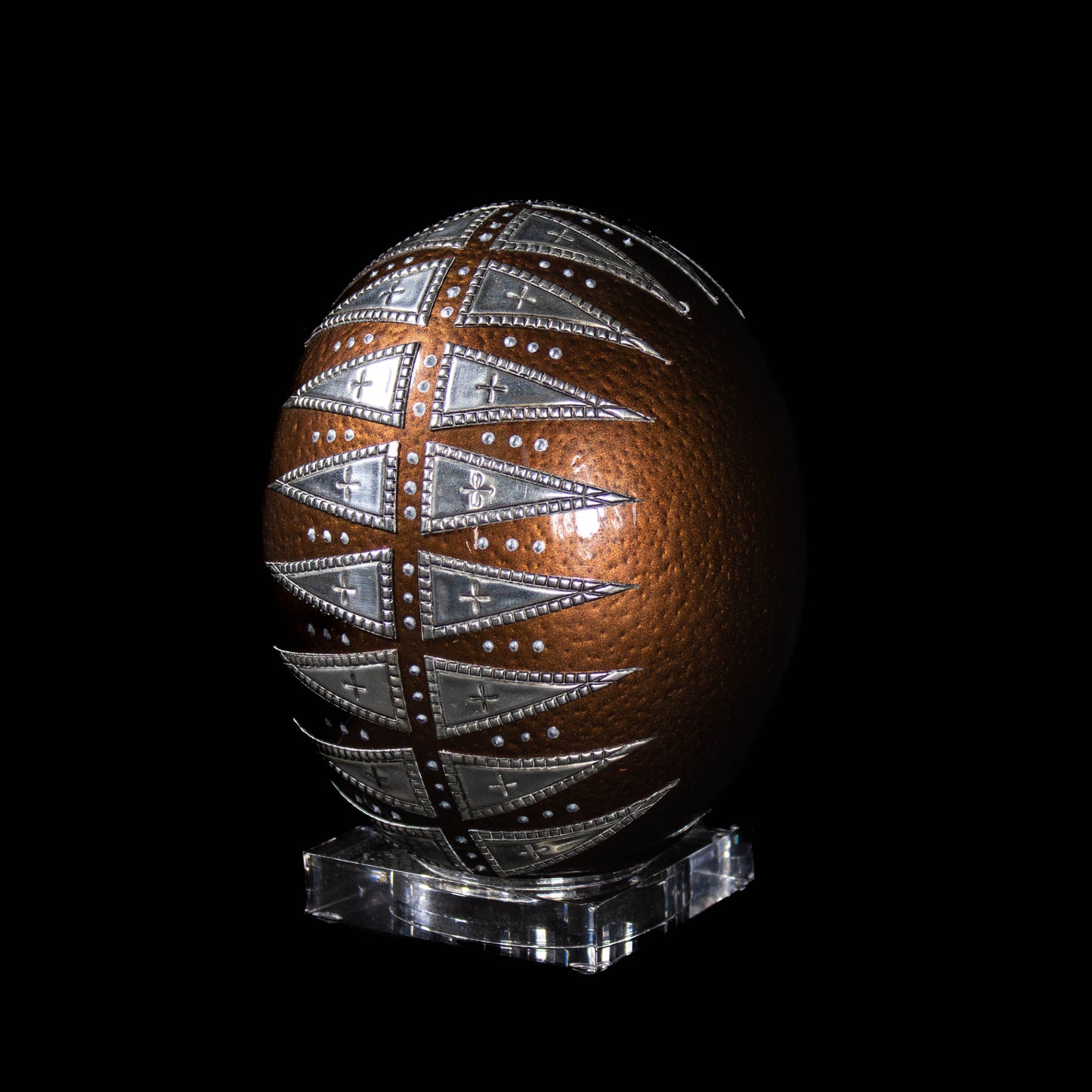 Ostrich egg adorned with decoupage and pewter