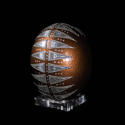 Ostrich egg adorned with decoupage and pewter